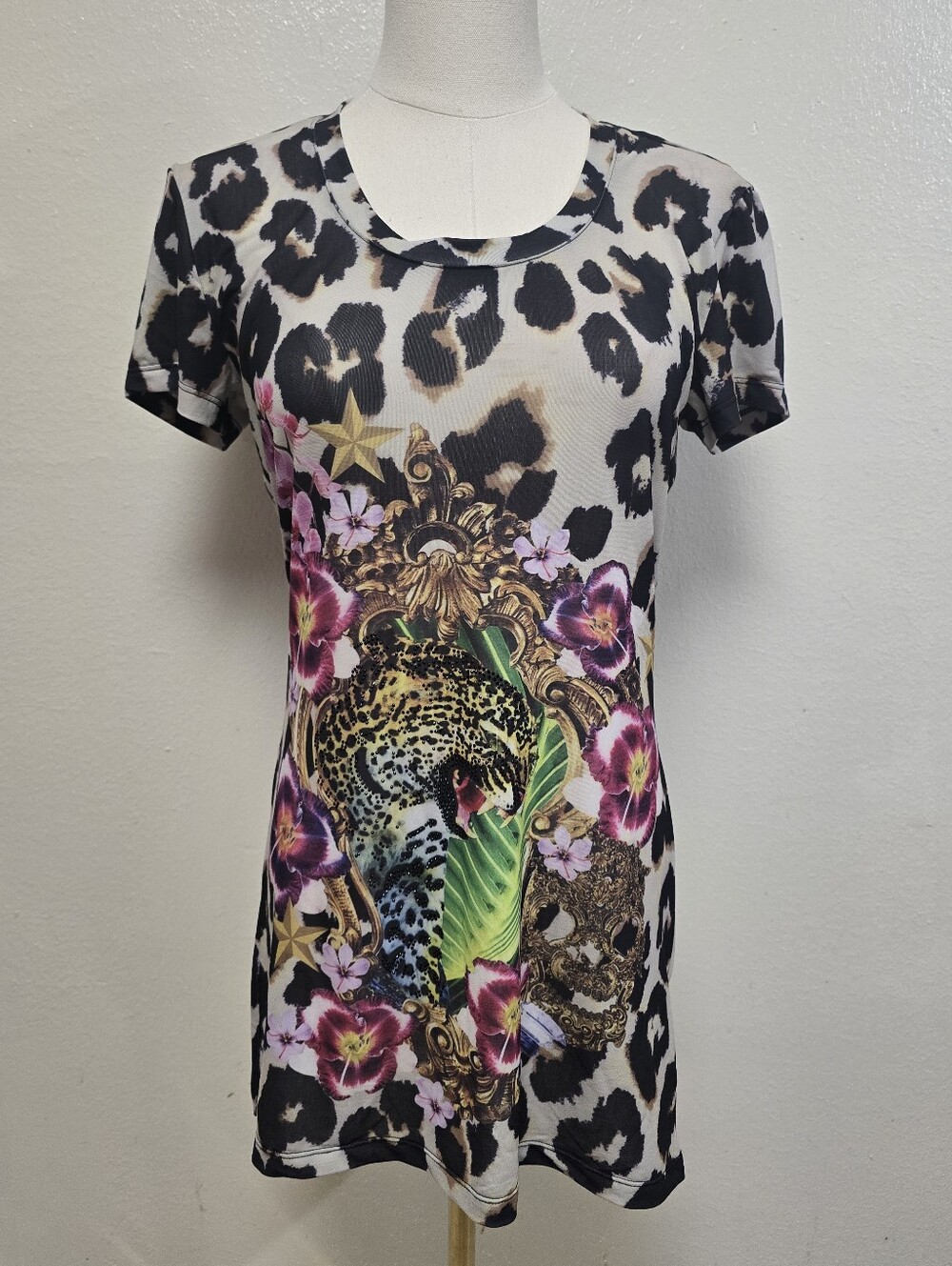 Philipp Plein Leopard Print Embellished Mesh T-Shirt NWT Size Large